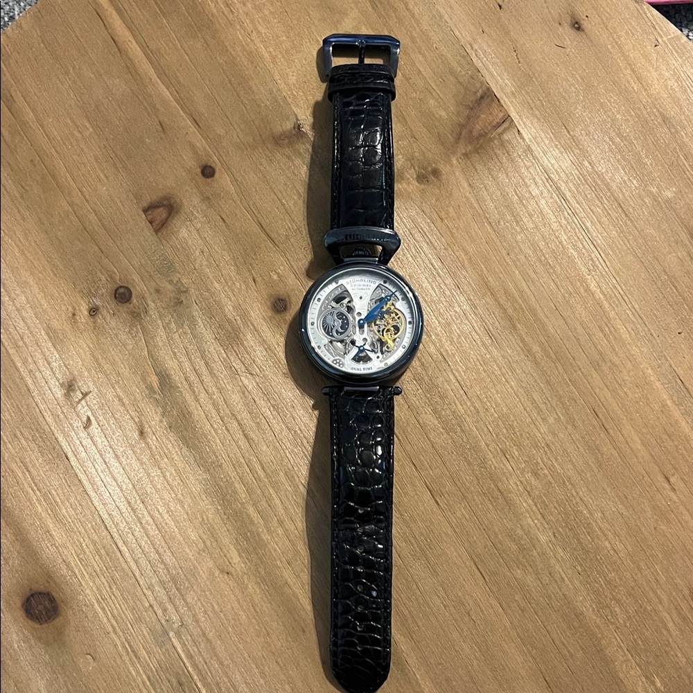 Stuhrling Original Black Leather Skeleton Watch